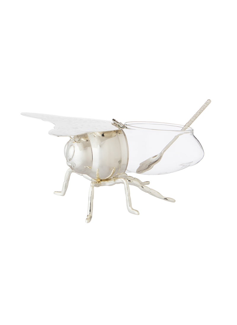 Dania Glass Sugar Bowl With Silver Metal Bee Decor Holder + Metal Spoon  - Image 2