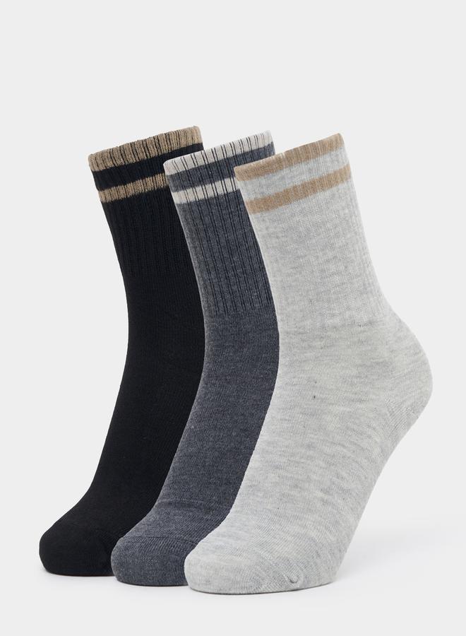 Styli Set of 3 - Striped Cuff Detail Crew Socks  - Image 1
