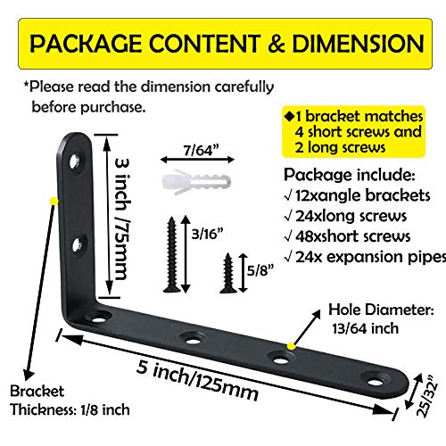 WINKER Corner Brace 12Pcs Shelf Bracket Heavy Duty Black Steel L Corner Brace, Decorative Joint Angle Bracket for Shelf 5 InchX3 Inch Shelves Wall Hanging Bracket with Screws5 InchX3 Inch(12PCS)) - Image 2