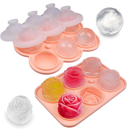 IDVVSSX 2 Pack Silicone Ice Cube Trays, Pink Rose Ice Cube Mold, Large Sphere Ice Mold with Funnel-type Lid, Makes 6 Rose & 6 Round Ice Balls for Chilling Whiskey Cocktails Drinks - Image 1