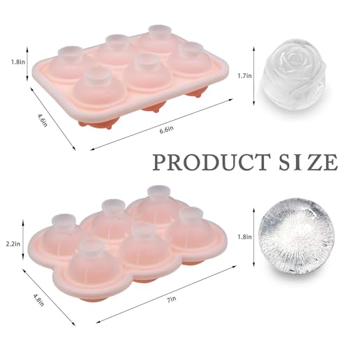IDVVSSX 2 Pack Silicone Ice Cube Trays, Pink Rose Ice Cube Mold, Large Sphere Ice Mold with Funnel-type Lid, Makes 6 Rose & 6 Round Ice Balls for Chilling Whiskey Cocktails Drinks - Image 2