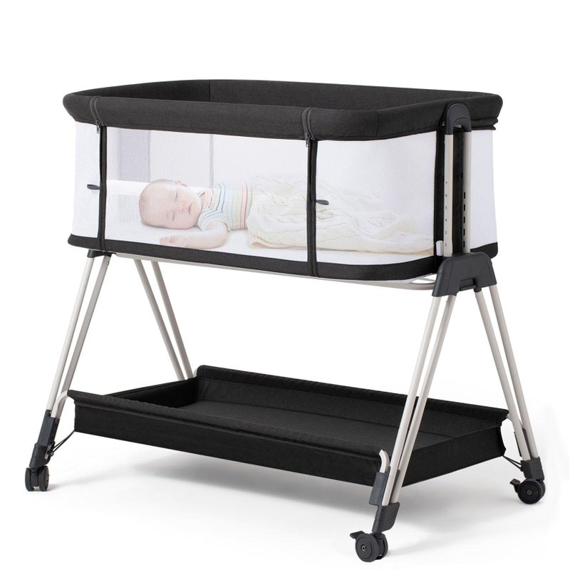 Fodoss Fodoss Baby Bassinet Bedside Sleeper with Wheels and Storage Tray4Sided Mesh Bedside Bassinet for InfantNewborn7 Height Adjustable Easy Folding Bedside Crib