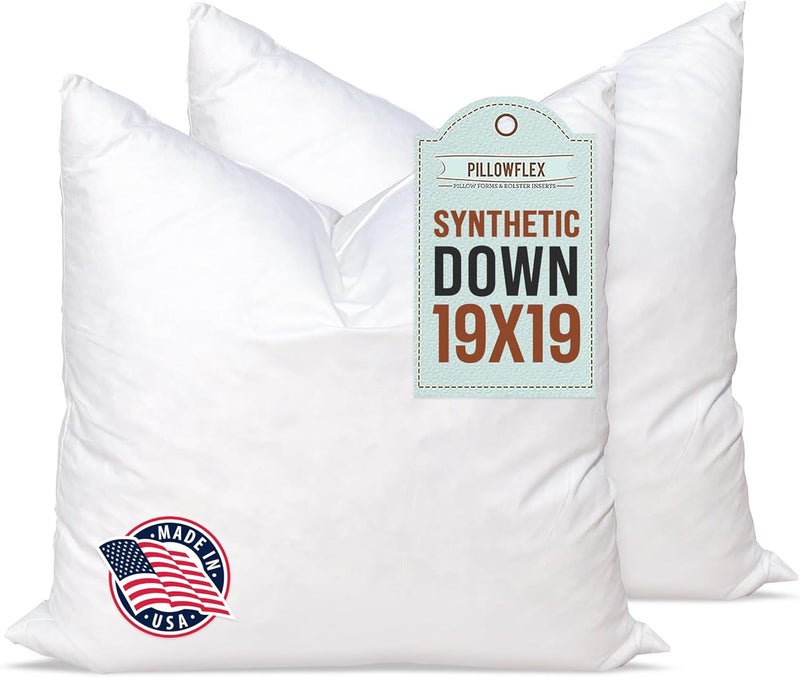 PILLOWFLEX Synthetic Down Alternative Pillow Inserts for Shams - Comfy Pillows for Sleeping, Perfect Pillow & Best Sleeping Pillows, Handmade Down Alternative Throw Pillow Inserts - (19x19 Set of 2) - Image 1
