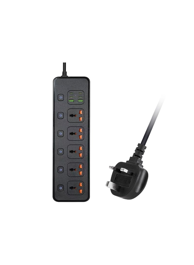 MarlaMall Long mains socket, 2m overall length, multi-hole mains socket, socket with universal 5-jack, individually switched mains socket with 2 USB ports and 4 USB-C ports, UK standard plug mains socket - Image 1