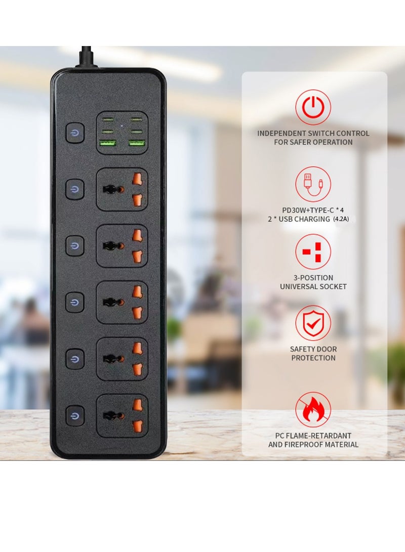 MarlaMall Long mains socket, 2m overall length, multi-hole mains socket, socket with universal 5-jack, individually switched mains socket with 2 USB ports and 4 USB-C ports, UK standard plug mains socket - Image 3