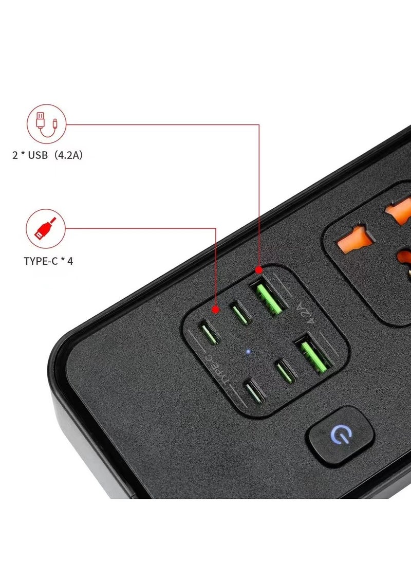 MarlaMall Long mains socket, 2m overall length, multi-hole mains socket, socket with universal 5-jack, individually switched mains socket with 2 USB ports and 4 USB-C ports, UK standard plug mains socket - Image 5