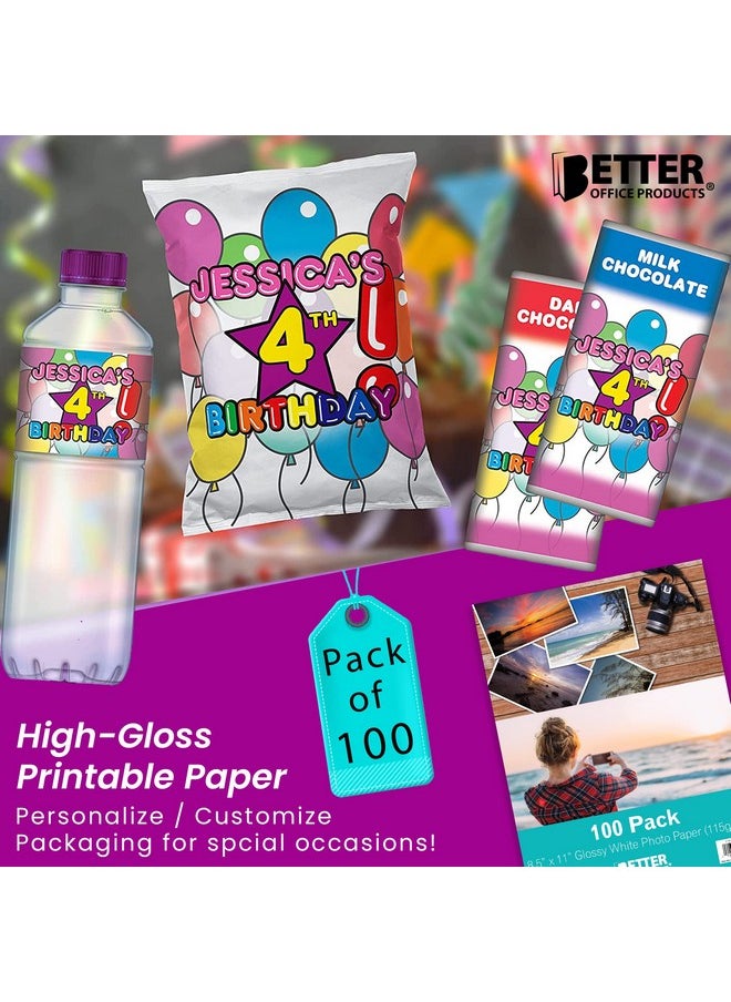Better Office Products - Thin Glossy Photo Paper 100 Sheets 8.5 X 11 30 Lb 115Gsm Inkjet Photo Paper For Brochure Printing Custom Chip Bag Party Favors Letter Size 100Count Pack - Image 1