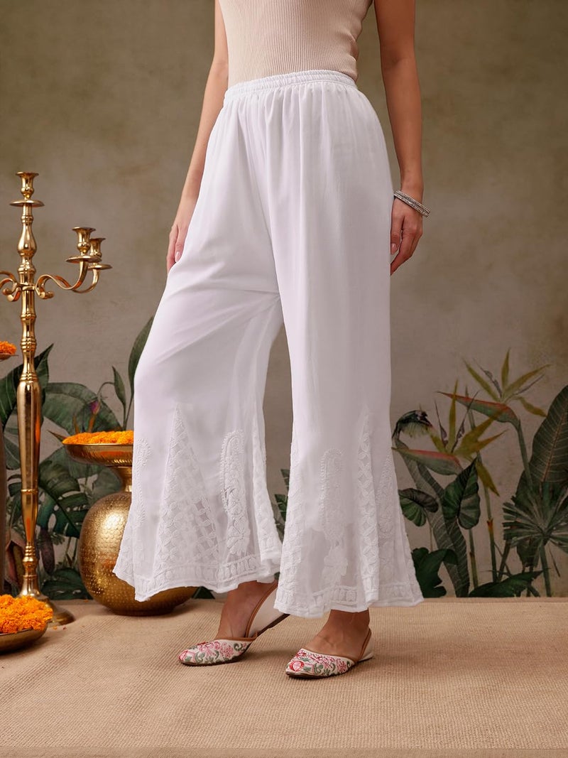 Ada Lucknowi Hand Embroidered Chikankari White Faux Georgette Flared Mid Rise Palazzo for Women A711166 (XL) - Image 4