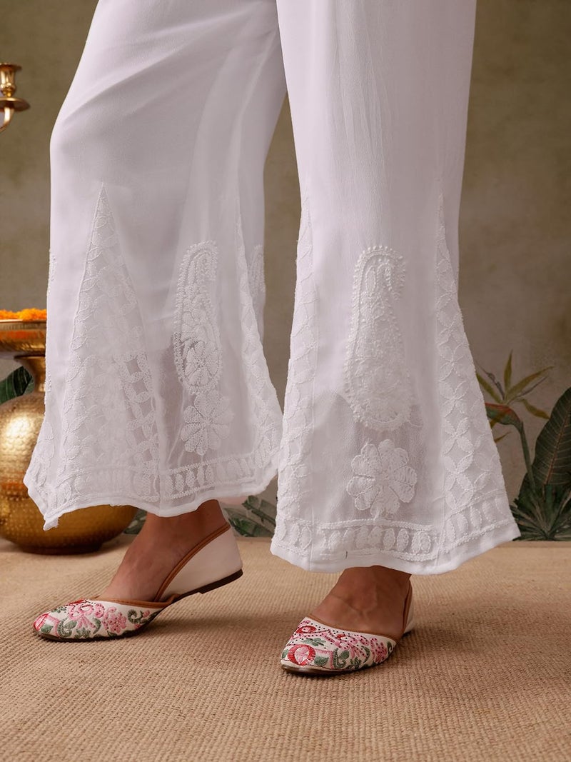 Ada Lucknowi Hand Embroidered Chikankari White Faux Georgette Flared Mid Rise Palazzo for Women A711166 (XL) - Image 5
