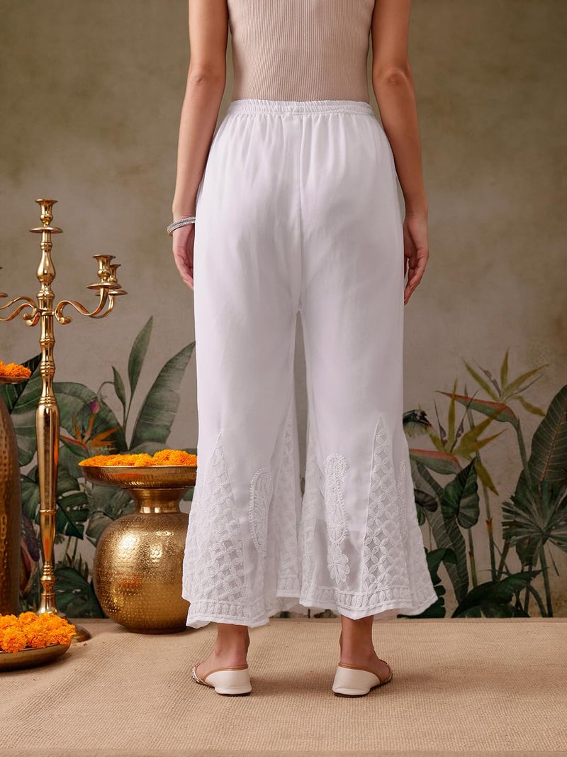 Ada Lucknowi Hand Embroidered Chikankari White Faux Georgette Flared Mid Rise Palazzo for Women A711166 (XL) - Image 2