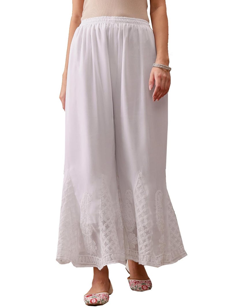 Ada Lucknowi Hand Embroidered Chikankari White Faux Georgette Flared Mid Rise Palazzo for Women A711166 (XL) - Image 1