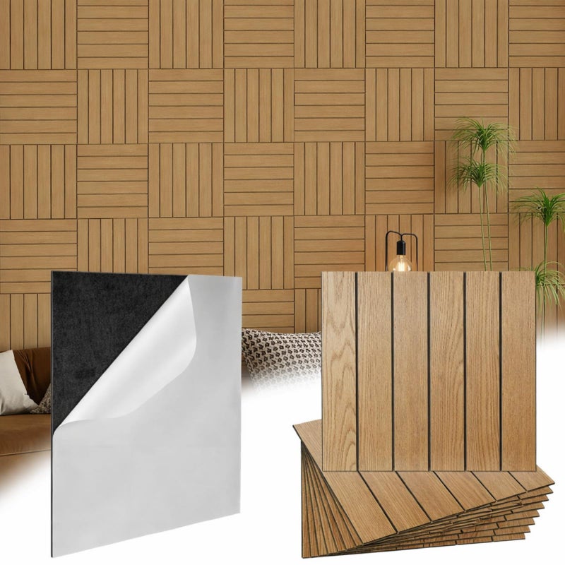 BrightRow 10 Pcs Peel and Stick Wood Slat Wall Panels Decorative Wall Panels 12"x12" Self Adhesive Slat Acoustic Textured Panel Soundproof Adhesive Wood Paneling for Interior Ceiling Living Room Decor - Image 1