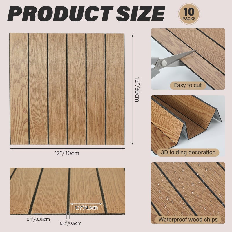 BrightRow 10 Pcs Peel and Stick Wood Slat Wall Panels Decorative Wall Panels 12"x12" Self Adhesive Slat Acoustic Textured Panel Soundproof Adhesive Wood Paneling for Interior Ceiling Living Room Decor - Image 2