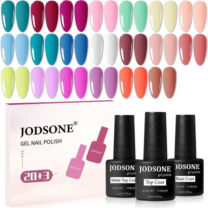 JODSONE 23 PCS Gel Polish Kit Colorful Fashion Classic Nail Gel Set 3 Bottles of Base Coat Matte and Glossy Top Coat - Image 1