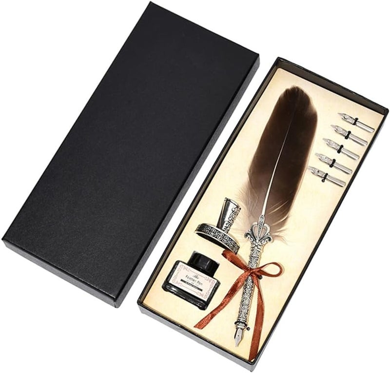 SKY-TOUCH Feather Set: Nice Quill With Metal Handle Cool Calligraphy With Nib Holder Dip For Journaling Gift Desk Decor - Image 1