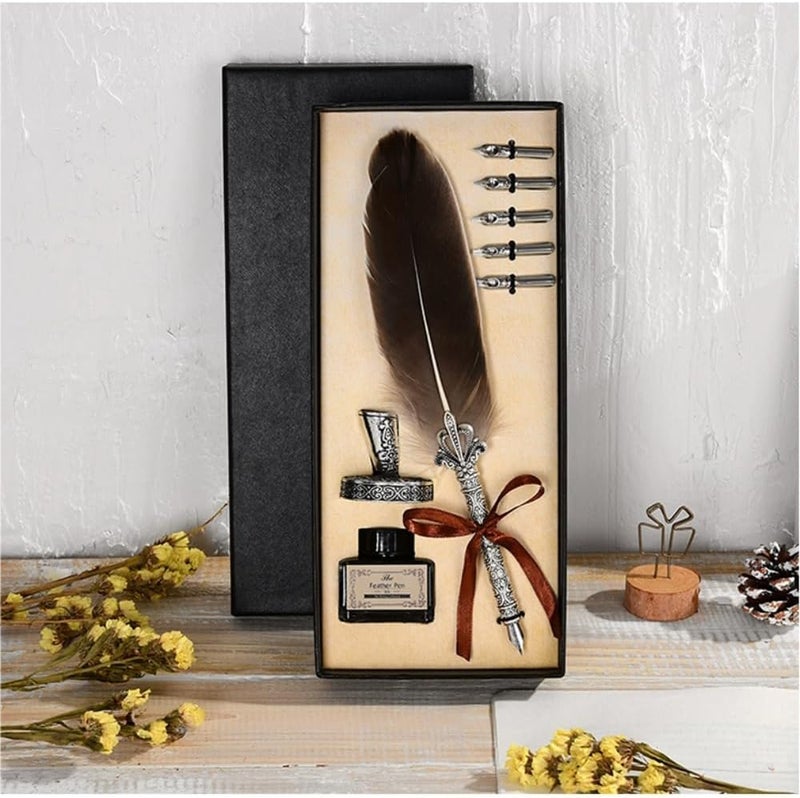 SKY-TOUCH Feather Set: Nice Quill With Metal Handle Cool Calligraphy With Nib Holder Dip For Journaling Gift Desk Decor - Image 2