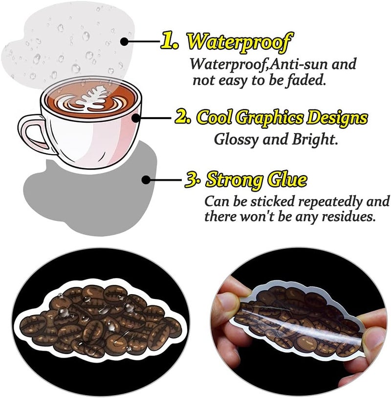 QTL Stain resistant Waterproof Stickers for Laptop 50Pcs Coffee Stickers for Water Bottle Skateboard Planner Journal Scrapbook DIY Laptop Decals Vinyl Sticker Pack (50Pcs Coffee Style) Durability boost selected material - Image 4