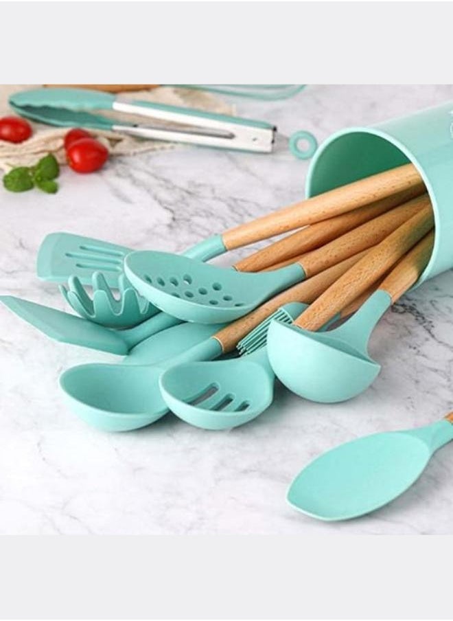 Executive LLC - Silicone Kitchen Utensils Set with Holder 12 PCS Cooking Utensils Set with Wooden Handle Heat Resistant Kitchen Gadgets Kitchen Accessories - Image 1