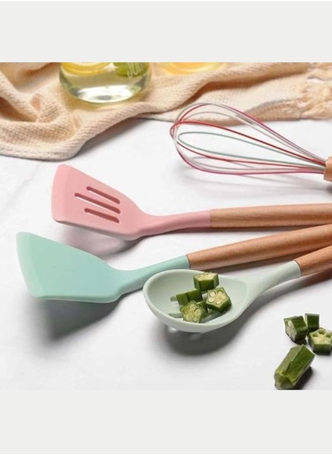 Executive LLC - Silicone Kitchen Utensils Set with Holder 12 PCS Cooking Utensils Set with Wooden Handle Heat Resistant Kitchen Gadgets Kitchen Accessories - Image 1