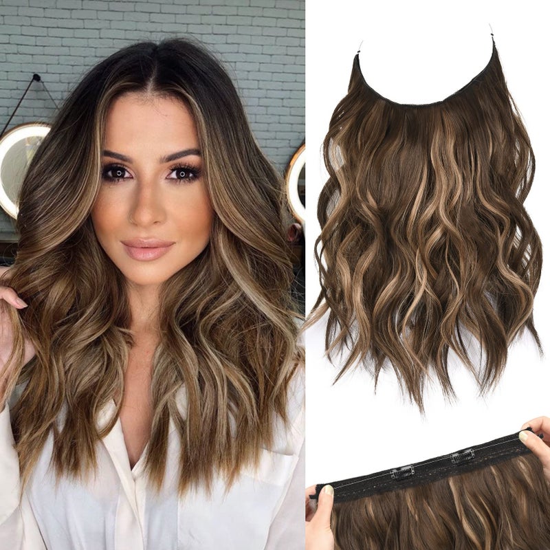 REECHO Invisible Wire Hair Extensions with Thinner Softer Lace Weft (Chocolate Brown with Blonde Highlights, 12 Inch (Pack of 1)) - Image 1