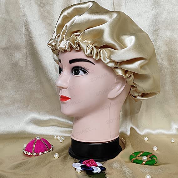 SOHAM SHREE ᵀᴹ Hair Bonnet |Handmade Pure Satin Reversible Double Layer Large Sleep Cap Luxuries Satin Sleep Adjustable Cap for Women Girls Kid (Cream) - Image 5