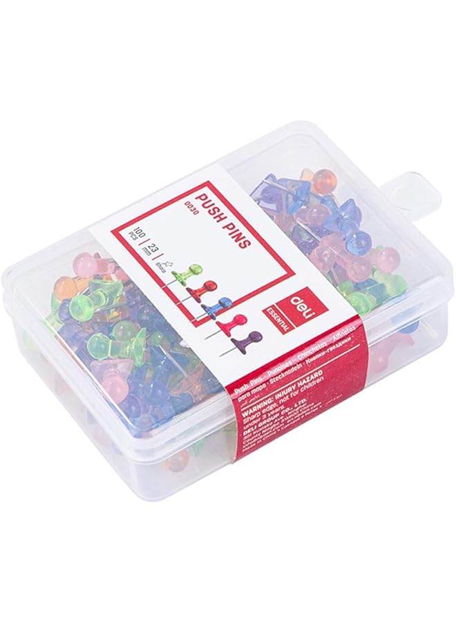 Deli E0030 Transparent Colored Push Pin 100 Pack Multicolor - Image 1
