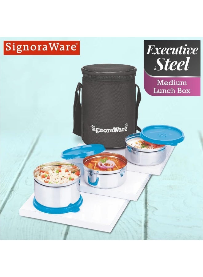 Signoraware طقم علب غداء ستانلس ستيل التنفيذي من سيغنورافور للمكتب والأطفال والمنزل والمدرسة، مجموعة من 3 حاويات (2 × 350 مل، 1 × 500 مل) مع حقيبة غداء سوداء بحزام - Image 4