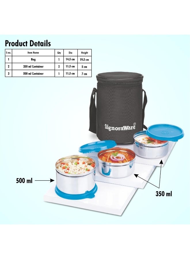 Signoraware طقم علب غداء ستانلس ستيل التنفيذي من سيغنورافور للمكتب والأطفال والمنزل والمدرسة، مجموعة من 3 حاويات (2 × 350 مل، 1 × 500 مل) مع حقيبة غداء سوداء بحزام - Image 2