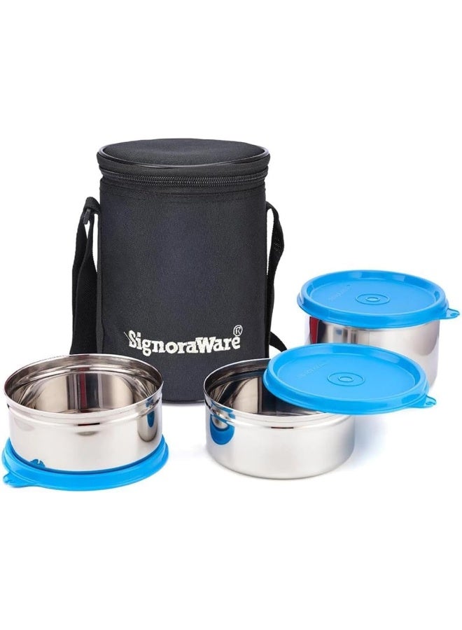 Signoraware طقم علب غداء ستانلس ستيل التنفيذي من سيغنورافور للمكتب والأطفال والمنزل والمدرسة، مجموعة من 3 حاويات (2 × 350 مل، 1 × 500 مل) مع حقيبة غداء سوداء بحزام - Image 1