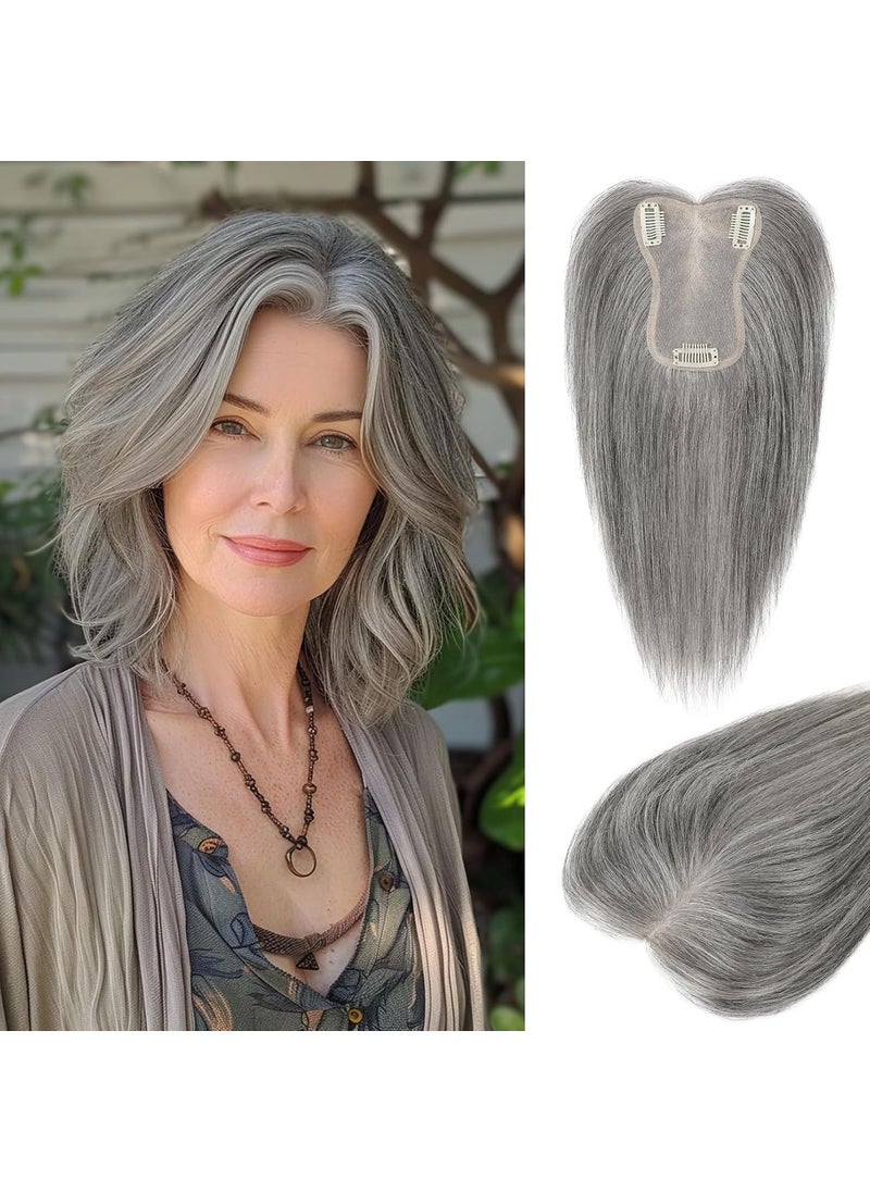 LONAI LONAI Real Human Hair Topper 10 Inch 100 Human Hair Toppers for Thinning Hair Large Handwoven area Coverage Natural Hairpiece Wiglet for Women Daily 5x35 Silk BaseLight Grey 