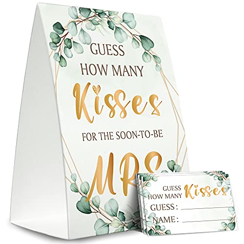 Tesedupoole Bridal Shower Game Cards Kit 1 Standing Sign 50 Guessing CardsGreenery GoldenGuess How Many Kisses for The Soon to Be MrsBridal Tribe Party RH15 - Image 1