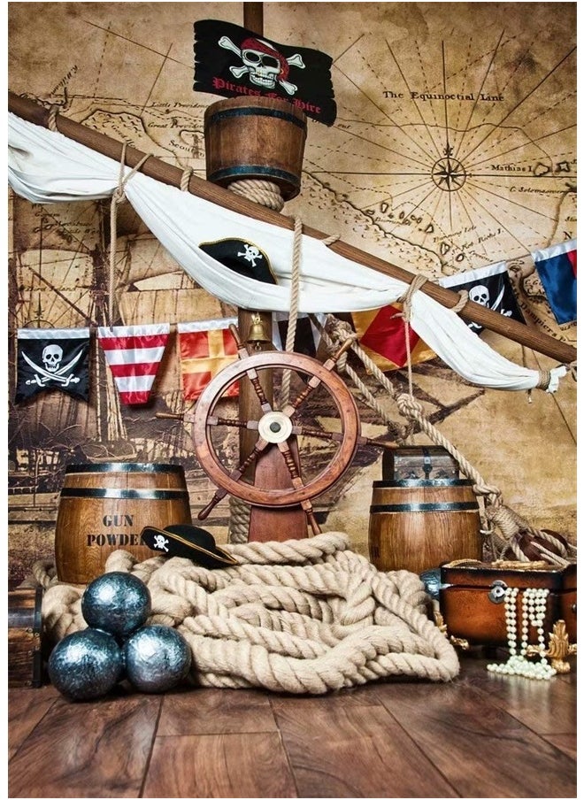 BELECO - 5x7ft Fabric Pirate Backdrop Pirates Ship Deck Steering Wheel Skull Flag Halloween Pirate Photography Background Pirate Theme Party Decorations Kids Boy Adult Birthday Baby Shower Photo Props - Image 1