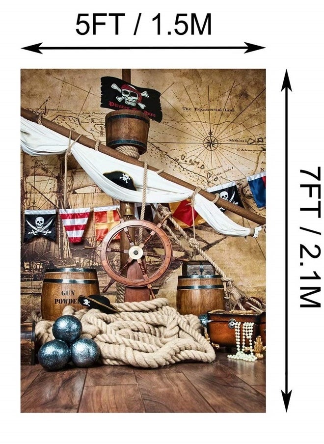 BELECO - 5x7ft Fabric Pirate Backdrop Pirates Ship Deck Steering Wheel Skull Flag Halloween Pirate Photography Background Pirate Theme Party Decorations Kids Boy Adult Birthday Baby Shower Photo Props - Image 1