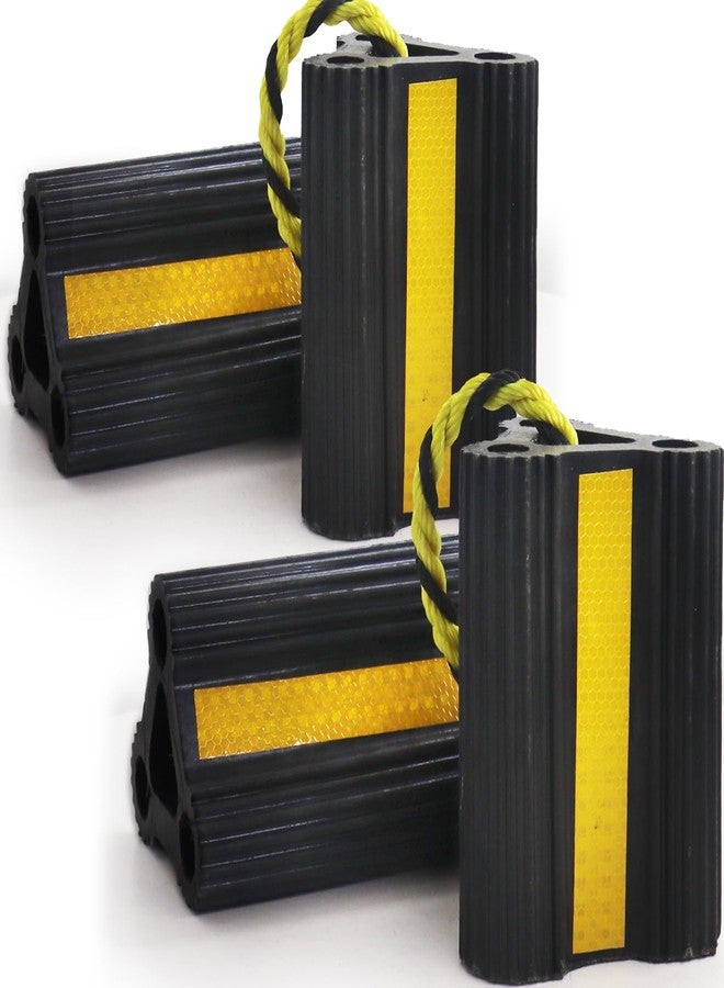 WECARLLE Wheel Chocks [2pair/4pack with Rope] for RV Trailer Camper Truck Car Aircraft Boat, Versatile Rubber Chocks Block Stopper for Tire with Reflective Strips, Utility Trailer Camper RV Accessories - Image 1