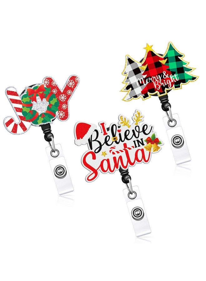Eersida 3 Pcs Christmas Nurse Badge Holder Christmas Badge Reels Retractable Id Name Badge Holder Joy Christmas Tree I Believe In Santa Badge Reel With Swivel Clip For Nurse Doctor Office Employee - Image 1