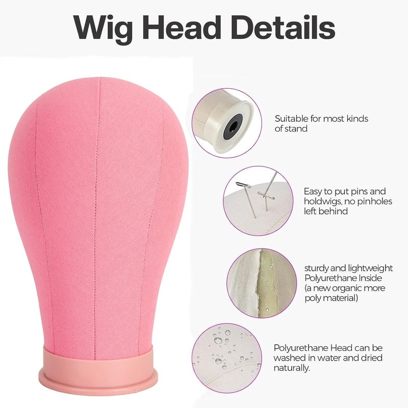 koskusder 22 Inch Canvas Wig Head with Stand Cork Canvas Mannequin Head with Wig Head Stand Manikin Head Block Set for Wigs Trimming Making Display with T Pins Set (Pink) - Image 3