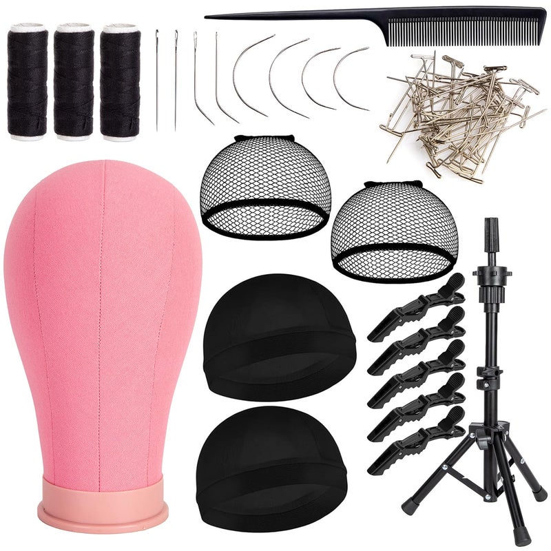 koskusder 22 Inch Canvas Wig Head with Stand Cork Canvas Mannequin Head with Wig Head Stand Manikin Head Block Set for Wigs Trimming Making Display with T Pins Set (Pink) - Image 1