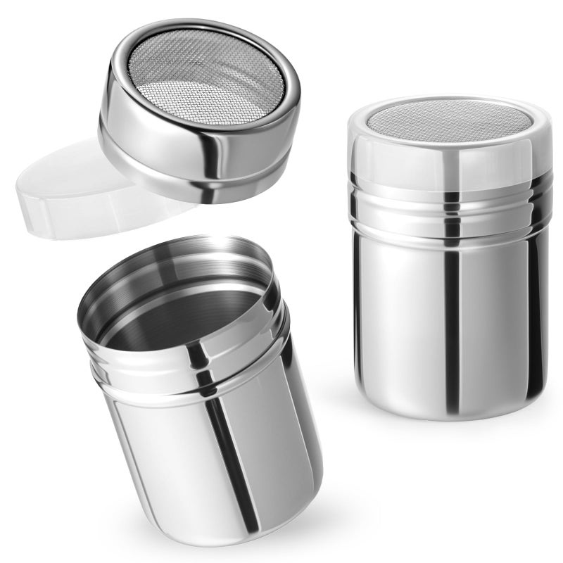 HansGo هانسغو زجاجة سكر بودرة مع مصفاة قرفة ماتشا زجاجة توزيع من الفولاذ المقاوم للصدأ بشبكة دقيقة مع علب بغطاء للفلفل والملح والقهوة والكاكاو والتوابل