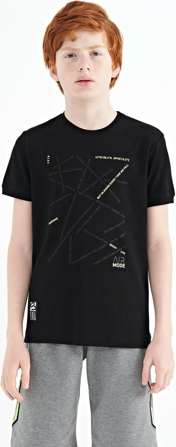 Tommy Life Black Minimal Text Printed Standard Pattern O Neck Boy T-Shirt - 11132