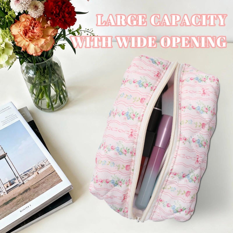 BACDOILQ Quilted Makeup Bag, Floral Cotton Cosmetic Bag, Pink Flowers Coquette Makeup Pouch for Women Girls, Aesthetic Organizer Bags Travel Toiletry Bags - Image 2