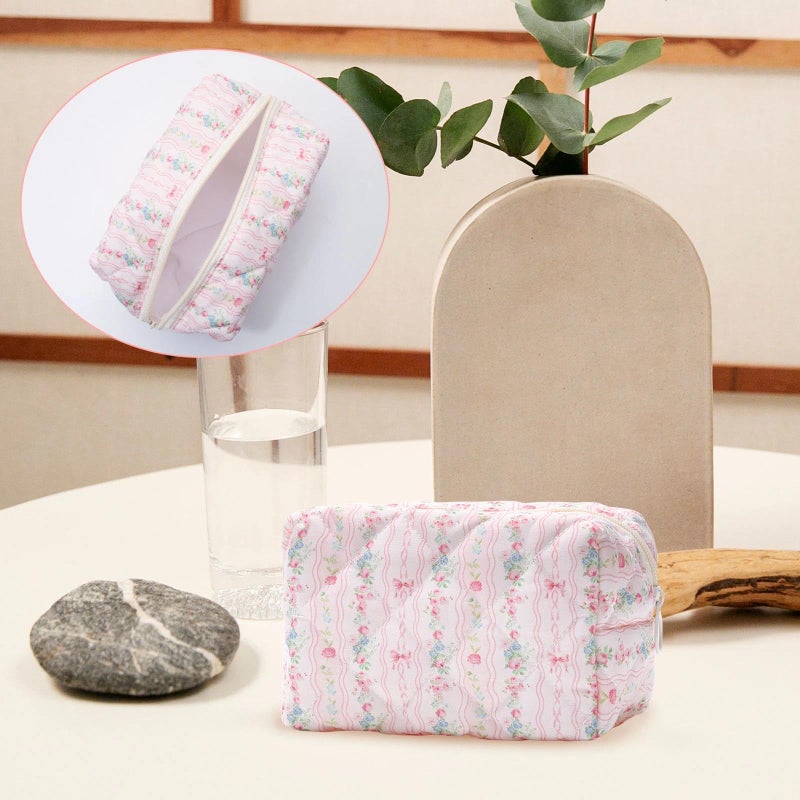 BACDOILQ Quilted Makeup Bag, Floral Cotton Cosmetic Bag, Pink Flowers Coquette Makeup Pouch for Women Girls, Aesthetic Organizer Bags Travel Toiletry Bags - Image 5