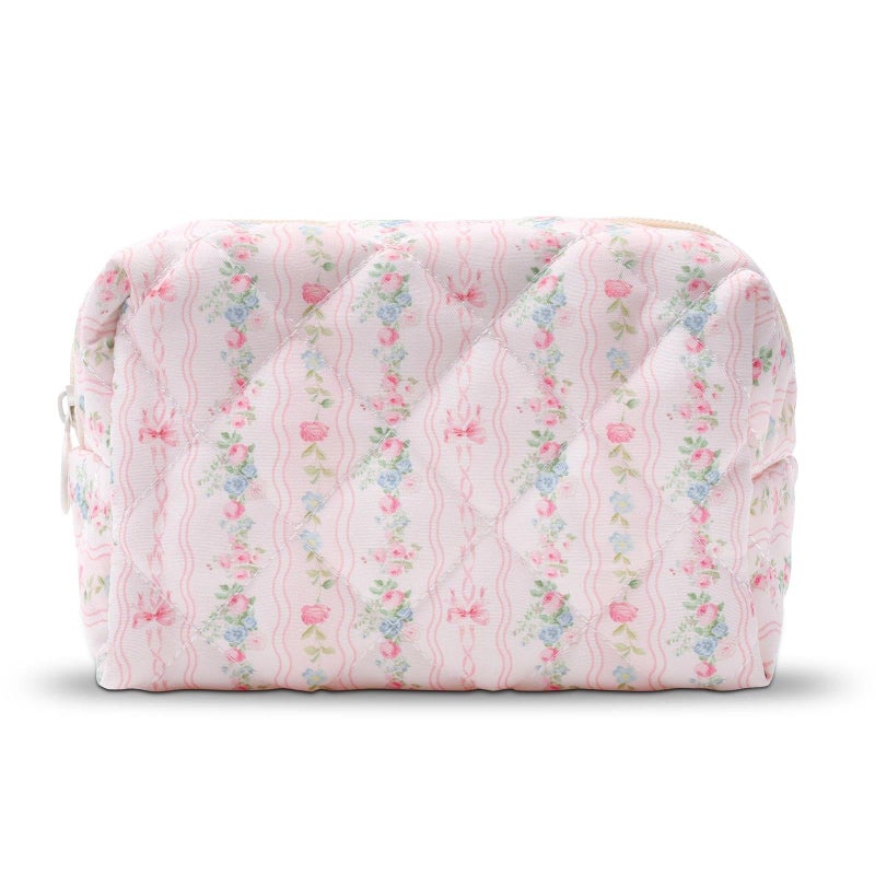 BACDOILQ Quilted Makeup Bag, Floral Cotton Cosmetic Bag, Pink Flowers Coquette Makeup Pouch for Women Girls, Aesthetic Organizer Bags Travel Toiletry Bags - Image 1