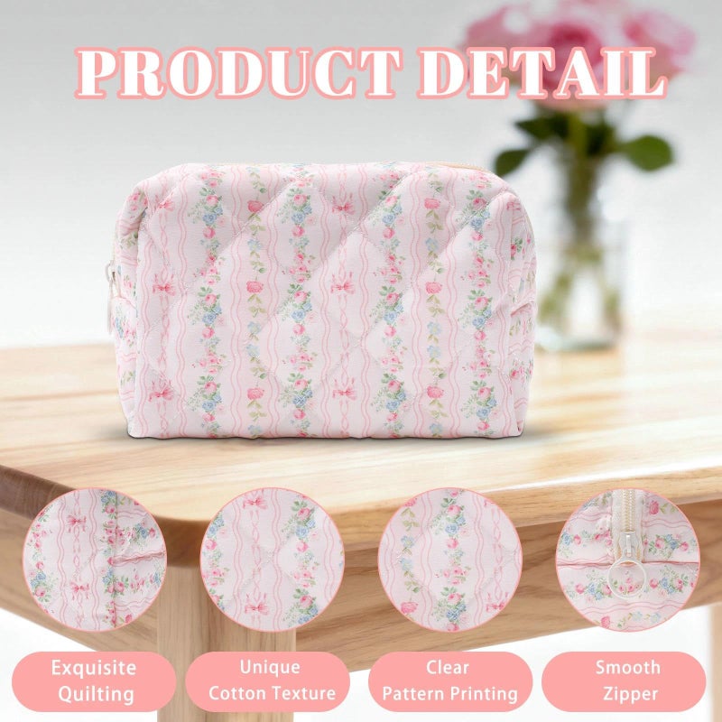 BACDOILQ Quilted Makeup Bag, Floral Cotton Cosmetic Bag, Pink Flowers Coquette Makeup Pouch for Women Girls, Aesthetic Organizer Bags Travel Toiletry Bags - Image 4