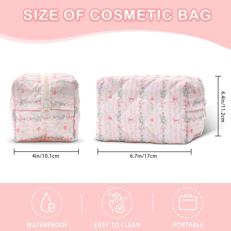 BACDOILQ Quilted Makeup Bag, Floral Cotton Cosmetic Bag, Pink Flowers Coquette Makeup Pouch for Women Girls, Aesthetic Organizer Bags Travel Toiletry Bags - Image 3