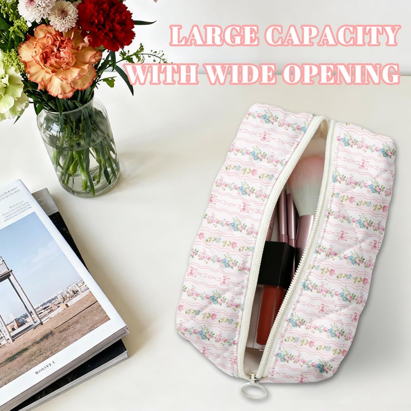 BACDOILQ Quilted Makeup Bag, Floral Cotton Cosmetic Bag, Pink Flowers Coquette Makeup Pouch for Women Girls, Aesthetic Organizer Bags Travel Toiletry Bags - Image 4