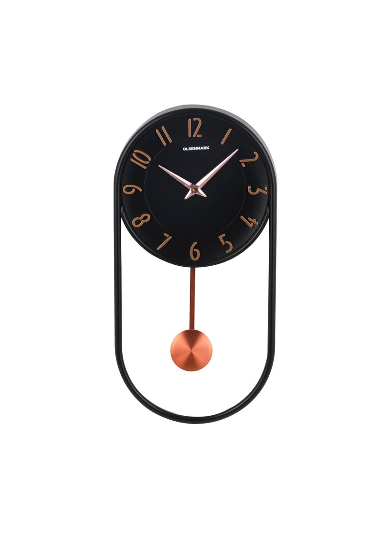 Olsenmark Pendulum Wall Clock OMWC1939 | Oval Designer Clock with Silent Movement | Battery Operated Modern Wall Clock for Home & Office | Black & Gold - Image 1