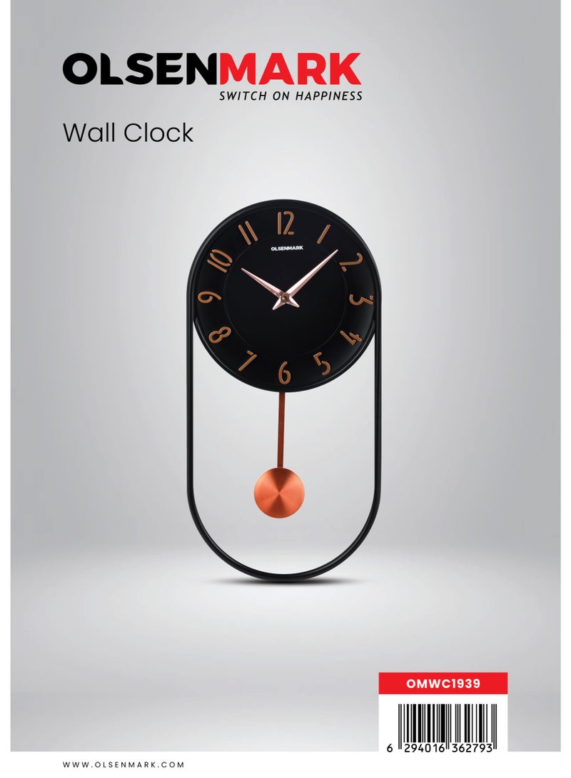 Olsenmark Pendulum Wall Clock OMWC1939 | Oval Designer Clock with Silent Movement | Battery Operated Modern Wall Clock for Home & Office | Black & Gold - Image 2