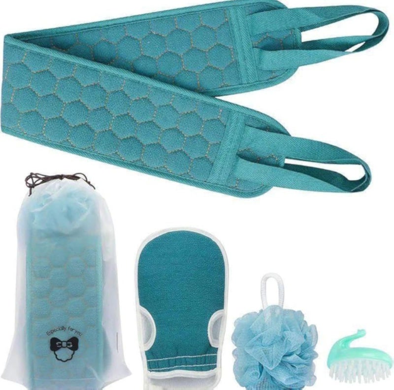 Shower Loofah Set – 3-Piece Exfoliating Kit With Moroccan Bath Glove, Soft Body Sponges &amp; Back Scrubber Strap For Women &amp; Men – Deep Cleansing Bath Accessories For Smooth Skin(Blue)