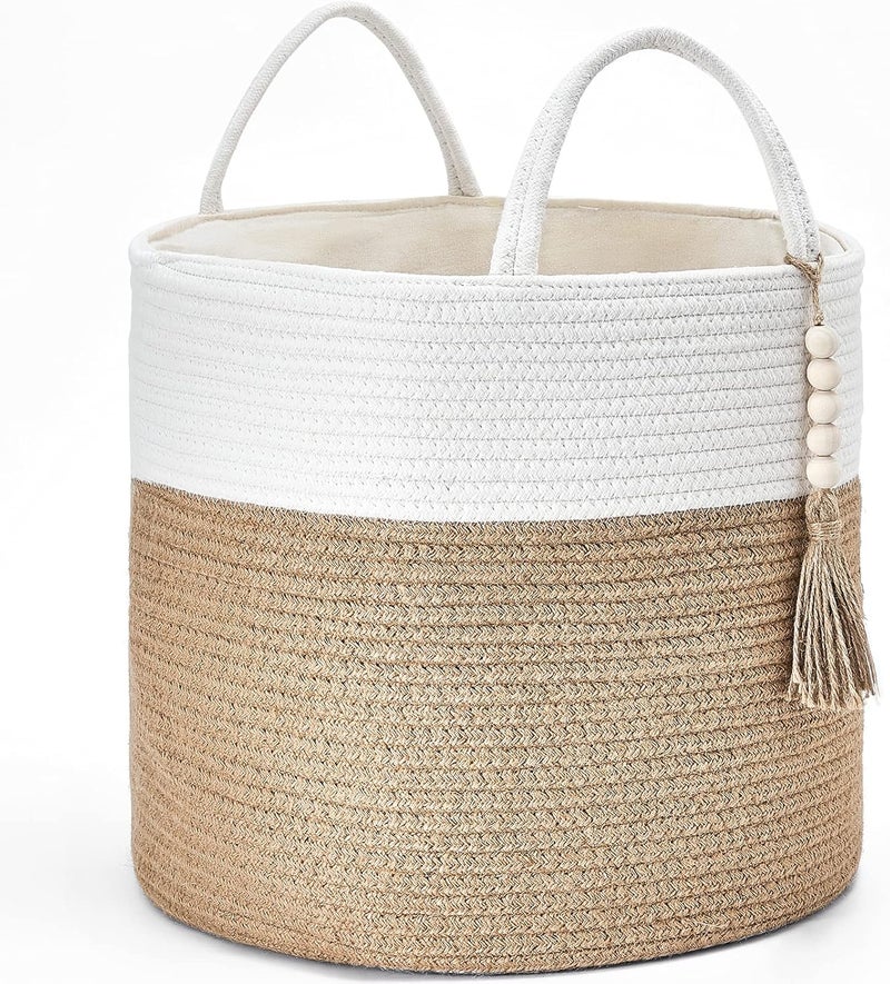 Mkono Woven Storage Basket Decorative Natural Rope Basket Wooden Bead Decoration for Blankets,Toys,Clothes,Shoes,Plant Organizer Bin with Handles Living Room Home Decor, 16"x13",White and Yellow - Image 1
