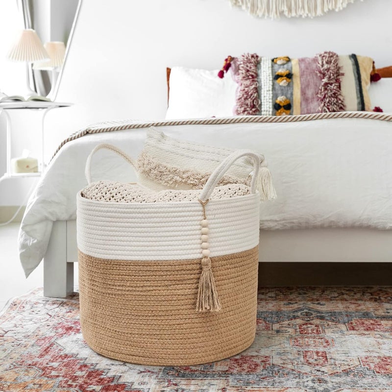Mkono Woven Storage Basket Decorative Natural Rope Basket Wooden Bead Decoration for Blankets,Toys,Clothes,Shoes,Plant Organizer Bin with Handles Living Room Home Decor, 16"x13",White and Yellow - Image 3